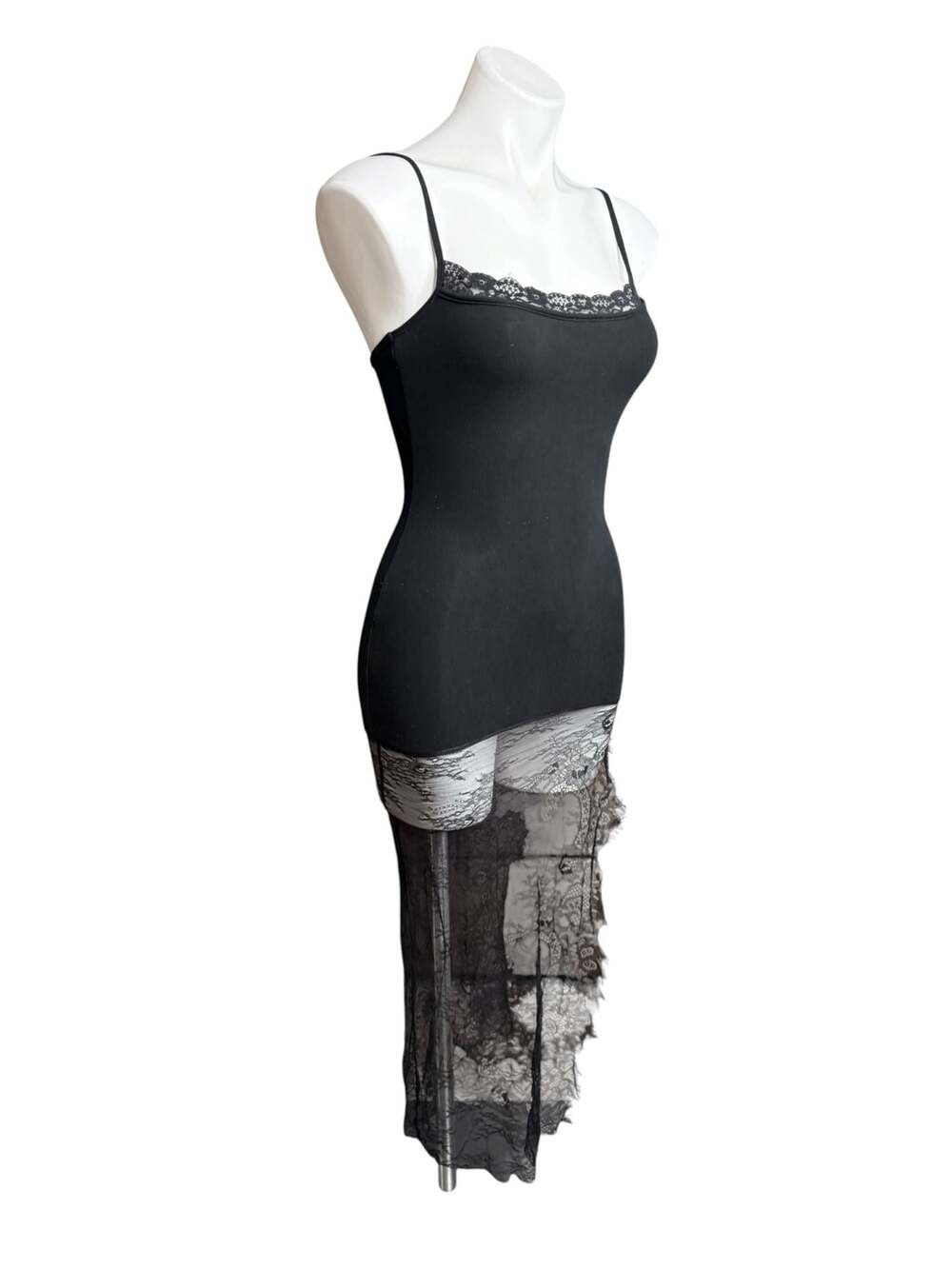 New Pink Black Lace Trim Cami Maxi Dress with Sheer Tulle Hem
